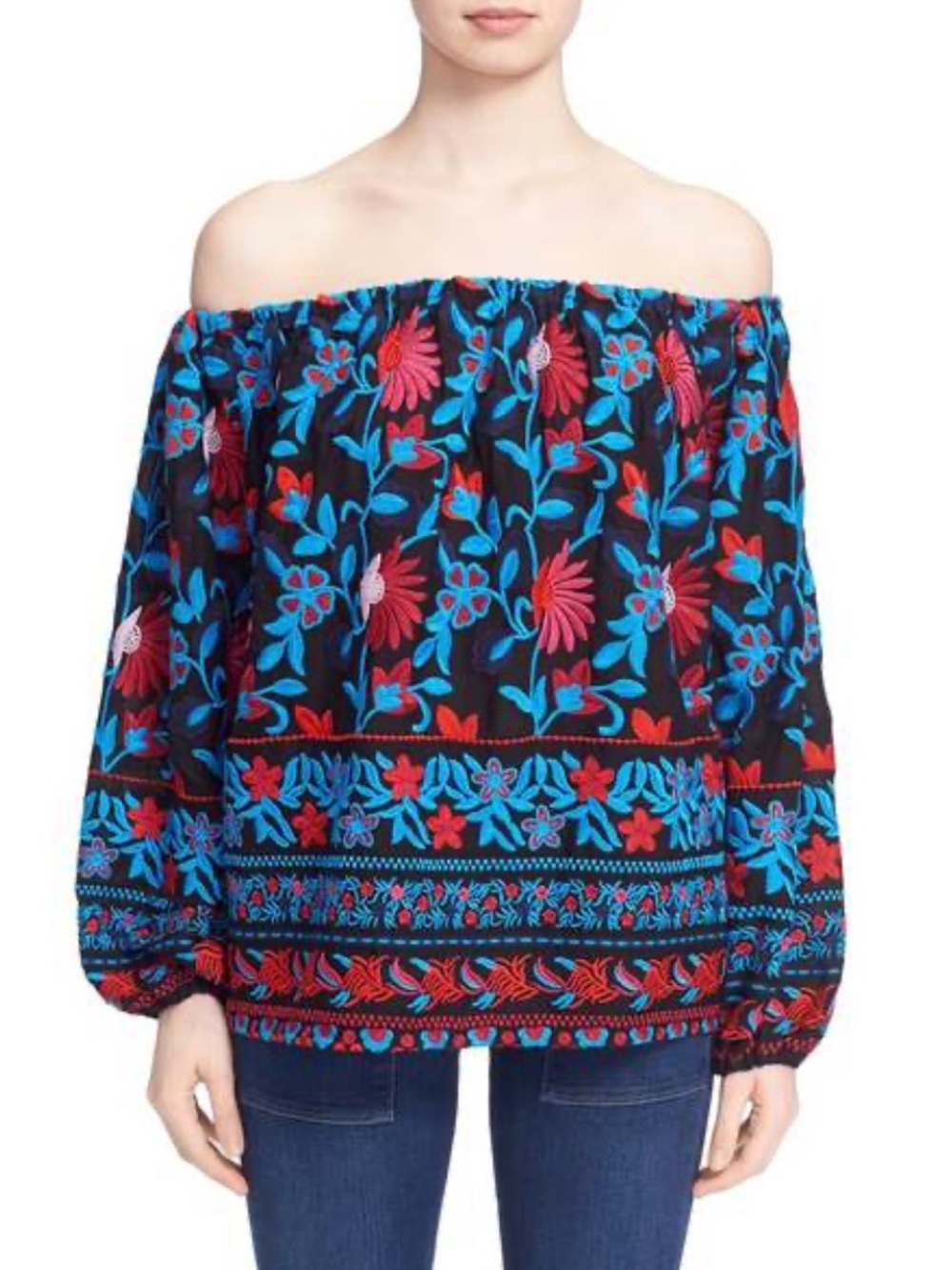 Tanya Taylor Nessa embroidered off shoulder top floral boho Sz 6 blue red black